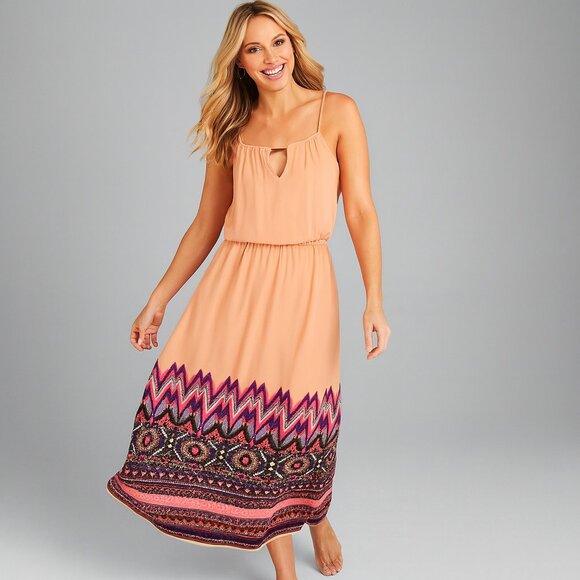 Rue 21 Medium Peach Aztec Maxi Dress Boho Chic Y2K Sleeveless Summer Festival - Picture 1 of 6